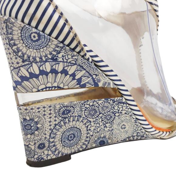 Y2K Lela Rose Women's 8.5 Navy Striped Boho Fabric Strappy Wedge Heels Sandals - Picture 4 of 8